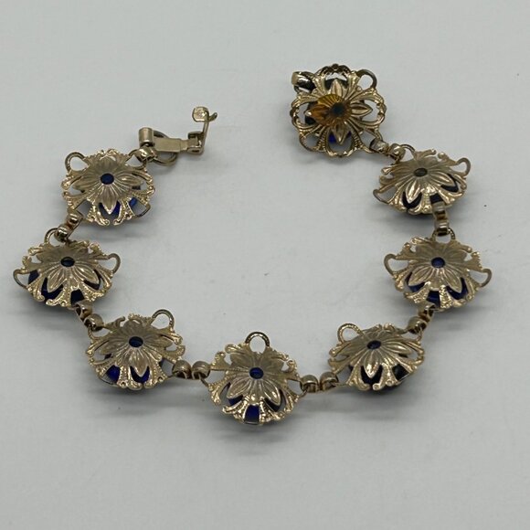 Vintage Gold Tone Bracelet Cobalt Blue Acrylic Cabochon Floral Filigree Design - Picture 9 of 16